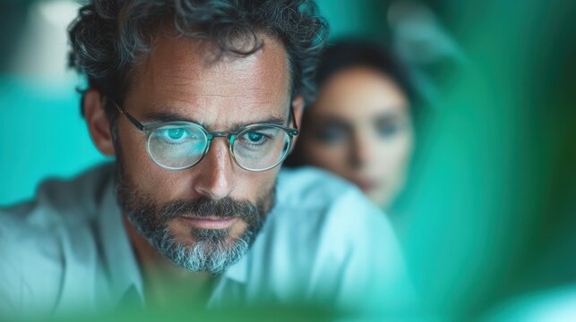 This engaging image shows a focused man working in a contemporary office, capturing the essence of dedication, creativity, and the collaborative spirit of modern workspaces.