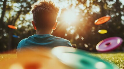 A silhouette of a child playing with flying frisbees at sunset, capturing the spirit of childhood and leisure in an enchanting outdoor setting.