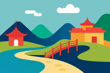 Road through a rural village leading to a distant city with houses, trees, and green fields under a summer sky