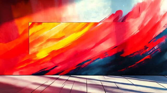 Painting of a red and yellow abstract painting on a wall