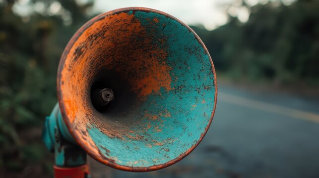 A striking close-up of a vintage megaphone with a rusted exterior, symbolizing communication, nostalgia, and the power of voice in an outdoor environment filled with nature.