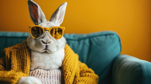 A fashionable rabbit wearing sunglasses and a cozy sweater lounges on a blue sofa against a vibrant orange backdrop, showcasing a relaxed and whimsical vibe.