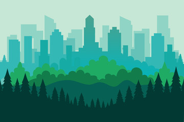 Green city skyline vector illustration of an urban landscape with buildings and trees