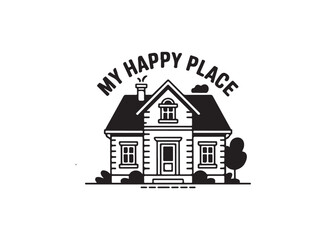 Simple black and white illustration of a cozy home, perfect for home décor projects.