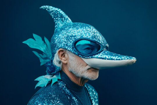 Quirky portrait of a senior man wearing a sparkling blue dolphin costume, embodying eccentricity and playful spirit against a vibrant blue backdrop