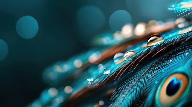 This artistic close-up image captures the intricate details of a vibrant peacock feather adorned with water droplets, representing beauty, elegance, and the marvels of nature. - Powered by Adobe