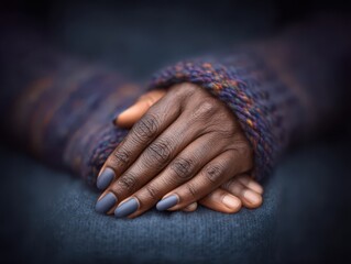 Fototapeta premium Intricately manicured hands resting on a cozy knitted sweater showcasing a blend of contrasting textures with muted nail polish creating a grounding sense of elegance and warmth