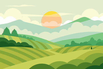 Obraz premium Lush green landscape with rolling hills and majestic mountains under a vast, cloud-dotted sky, a beautiful summer nature view