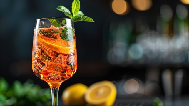 A vibrant cocktail or mocktail, adorned with citrus slices and mint leaves, representing refreshment and relaxation, perfect for summer gatherings or celebratory occasions.