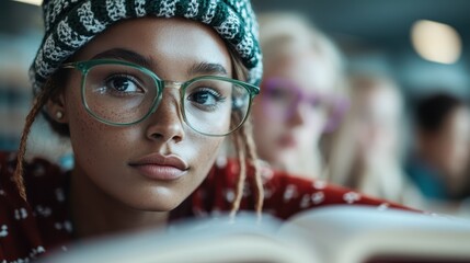 A focused young woman, sporting trendy glasses, is intensely absorbed in her reading material with her friends blurred in the background, capturing a moment of curiosity and insight.