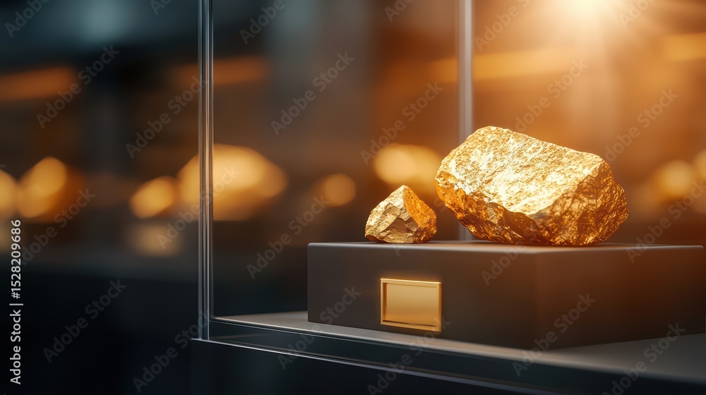 Poster close-up of shiny gold rocks displayed in a museum case with soft lighting and dark background eleme