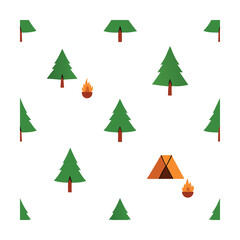 Seamless Camping Icon Pattern with Tents and Trees