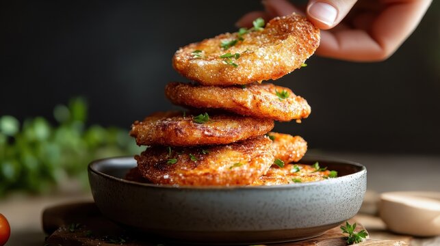 A mouth-watering display of crispy fried potato patties elegantly stacked in a bowl, perfect for food photography and showcasing culinary delights with artistic flair.