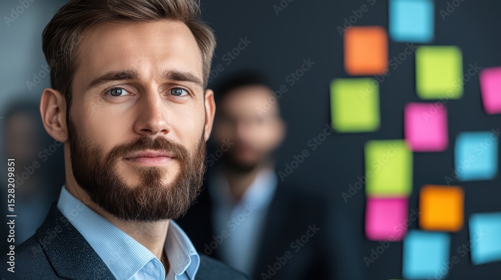 Poster confident young man with a beard in professional attire in an office setting with colorful sticky no