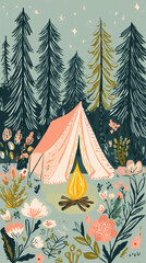 Tent is set among towering pine trees, with a warm campfire crackling nearby. Bright stars fill the night sky, creating a serene atmosphere for nighttime camping