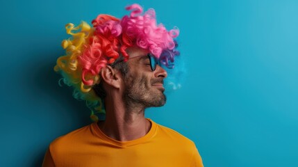 A playful portrait of a man wearing a vibrant, curly, rainbow-colored wig and sunglasses, set against a striking blue background, capturing a sense of joy and fun.