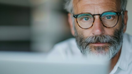 A close-up portrait of a thoughtful older man with glasses and a beard, focused on his laptop, exuding wisdom and contemplation in a modern working environment.