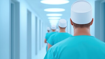 Healthcare Professionals Walking in Hospital Corridor with Bright Lighting and Medical Scrubs