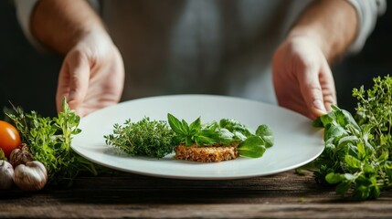 An elegant presentation of a gourmet dish garnished with fresh herbs surrounded by various ingredients, showcasing culinary artistry and the importance of freshness in cooking.