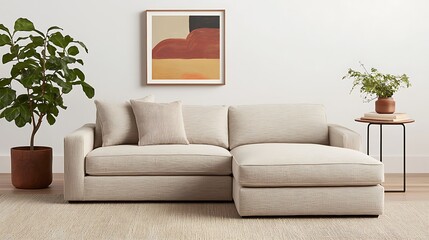 Serene Living Room Scene with Comfortable Sofa, Stylish Artwork, Green Plant, and Modern Side Table Decoration.