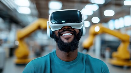 A man wearing a VR headset beams with joy, immersed in a virtual reality experience within a modern industrial setting filled with robotic arms and technology.