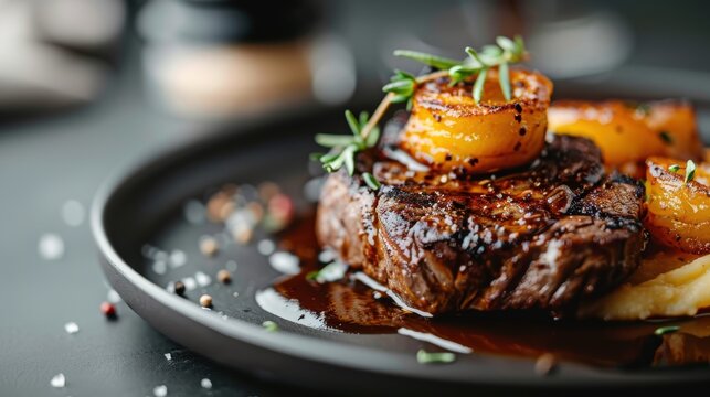 A beautifully presented plate of grilled steak topped with sautéed vegetables, showcasing culinary excellence and the pleasure of indulging in a luxurious dining experience.