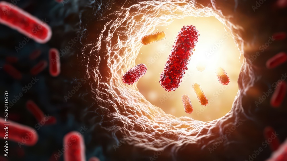 Poster vibrant bacteria floating in a luminous microbial environment with deep cellular structures