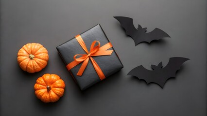 Top-down view of a minimal Halloween flat lay on a dark matte background 