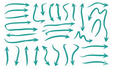 Pencil arrow doodles set - hand drawn swirls, curved lines, chaotic pointers. Chalk sketches, artistic design elements pack. Grunge style marker scribbles, crayon strokes outline drawings