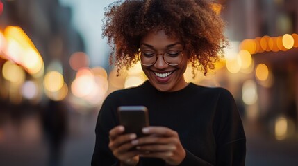 A joyful woman with curly hair and glasses smiles while using her smartphone outdoors at dusk, surrounded by city lights, embodying modern connectivity and happiness.