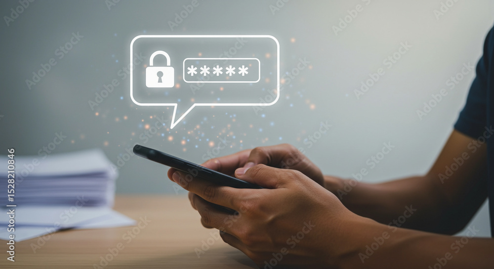 Aufkleber close-up of hands holding a smartphone with password security icon. concept of data protection, secu