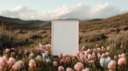 A blank frame stands amid a vibrant field of flowers, highlighting the beauty of nature and the potential for creativity, evoking emotions of inspiration and tranquility.