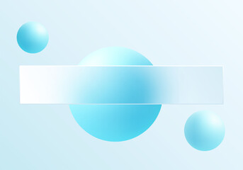 Blue glassmorphism banner with 3D spheres on light background