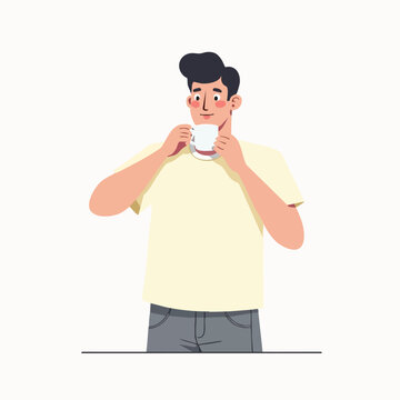 Man with glasses drinking coffee with both hands &ndash; flat cartoon vector