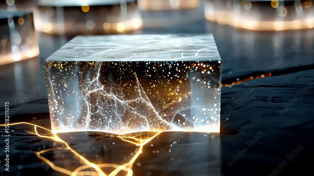 Poster luminous ice cube with electric energy patterns on a dark surface