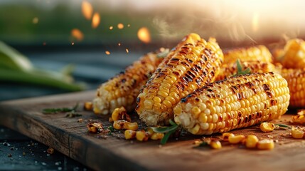 This mouth-watering image features perfectly grilled corn on the cob, bursting with vibrant golden colors that evoke warm, summer memories and the joy of outdoor dining.