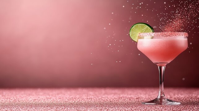 This dazzling pink cocktail is served in a stylish glass, featuring lime zest and a sparkling finish, perfect for summer gatherings and celebrations.