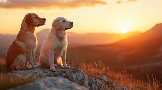 Two golden retrievers sit on a rocky ledge, gazing at a stunning sunset over mountains. Their serene expressions capture a moment of tranquility and companionship in nature.