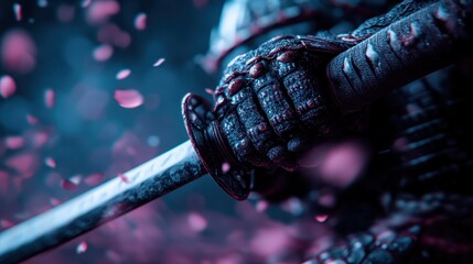 An intense close-up view of a samurai warrior gripping a sword tightly as cherry petals swirl around, symbolizing strength and the transient beauty of life.