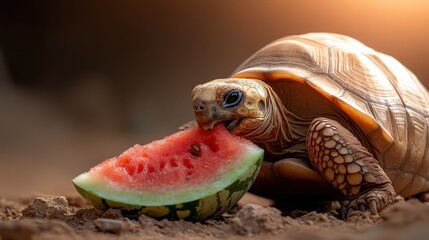 A tortoise happily munching on a slice of watermelon, exemplifying the beauty of nature and the delightful moments found in simple pleasures of life.