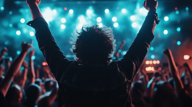 A captivated audience raises their hands in excitement at a concert, capturing the exhilaration and energy of live music in a dynamic and vibrant performance setting.