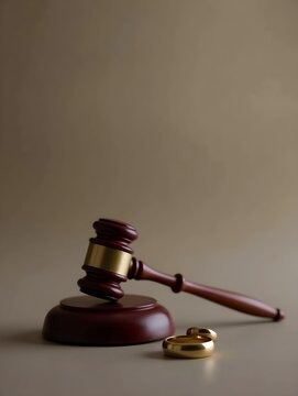 Gavel resting on sound block with wedding rings image copy space. Legal finality of divorce. Marriage dissolution banner background blurred. Separation proceedings concept copyspace