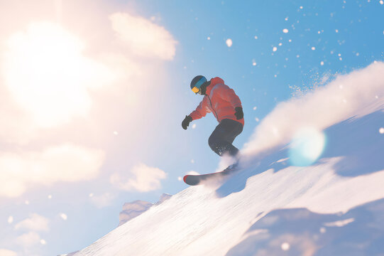 Snowboarder speeding down a snowy mountain slope on a sunny winter day, creating a cloud of snow and enjoying the thrill of the ride