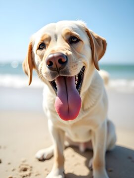 Happy Dog Snout on Beach, Labrador Retriever Having Fun in Sun and Ocean Waves