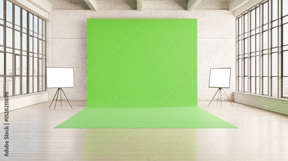 Poster spacious studio with green backdrop ideal for photo shoots and creative projects in bright and airy 