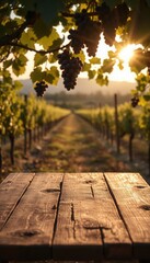 Sunset view of vineyard with ripe grapes hanging and rustic wooden table in foreground