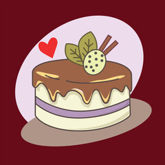 Delicious cartoon cake with caramel glaze, purple filling, decorated with leaves, cinnamon sticks, and a fruit, set against a warm red background, perfect for dessert and bakery themes.