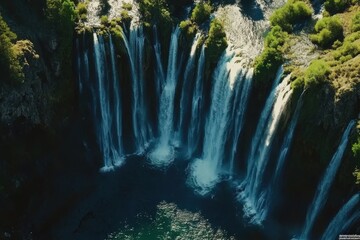 Explore the beauty of Burney Falls cascading down in Northern California's lush landscape, Aerial shot of Burney Falls in Northern California, USA