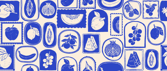 Summer fruit seamless pattern hand drawn tropical citrus background vintage blue mosaic floral print. Nature organic decorative tile texture, lemon, apple, grapes silhouette. Textile fruit pattern