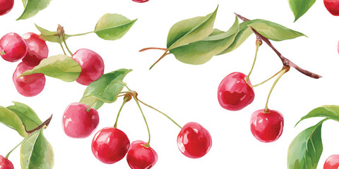 Vibrant Watercolor Cherry Fruit Seamless Pattern. Fresh Summer Garden Food Design for trendy design, textile, packaging, fabric, wallpaper, branding, stationery, wrapping paper interior decor.